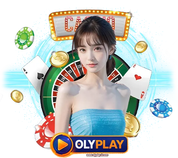 OLYPLAY สล็อตและคาสิโนออนไลน์ ภาพผู้หญิงชุดสีฟ้าพร้อมสัญลักษณ์ไพ่ ชิป และเหรียญทอง สมัครง่าย เล่นได้ครบทุกเกม